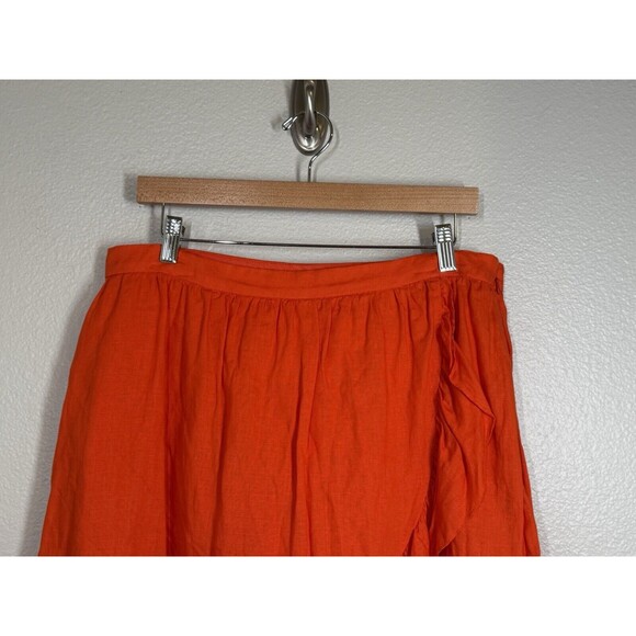 J Crew 100% Linen Faux Wrap Ruffle Skirt Womens 14 Tall Orange A-Line Layered - Picture 5 of 13